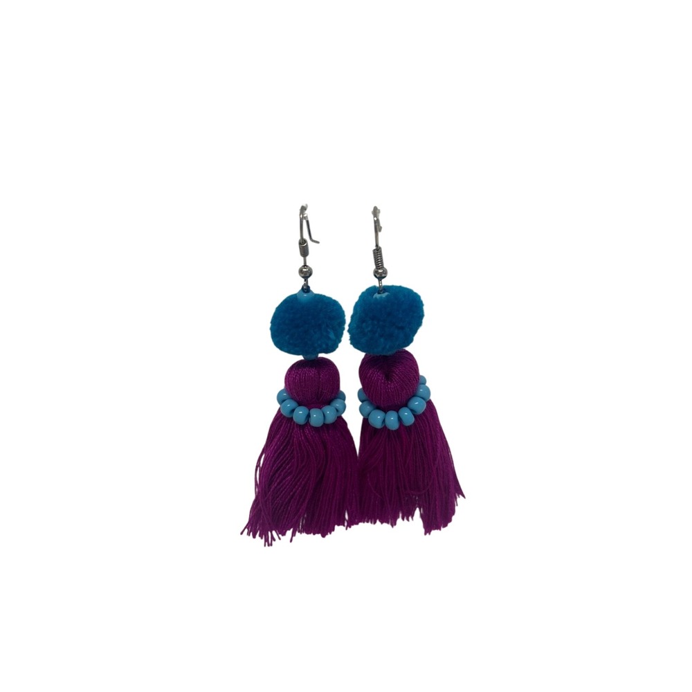 New look duster fringe beaded  blue puff ball long seed bead earrings